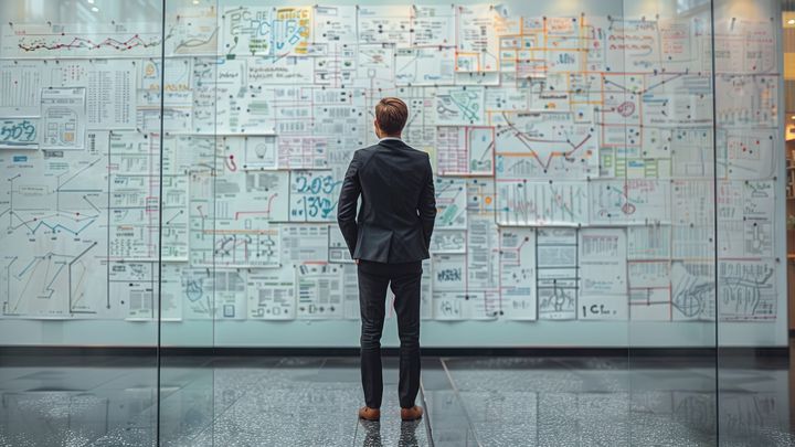 businessman standing in front of planning wall with charts and graphs